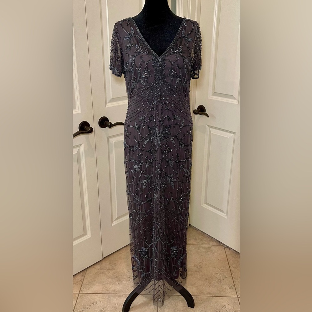 Pisarro Nights Beaded Mesh Column Gown | Slate Gray | Size 8 | Nordstrom